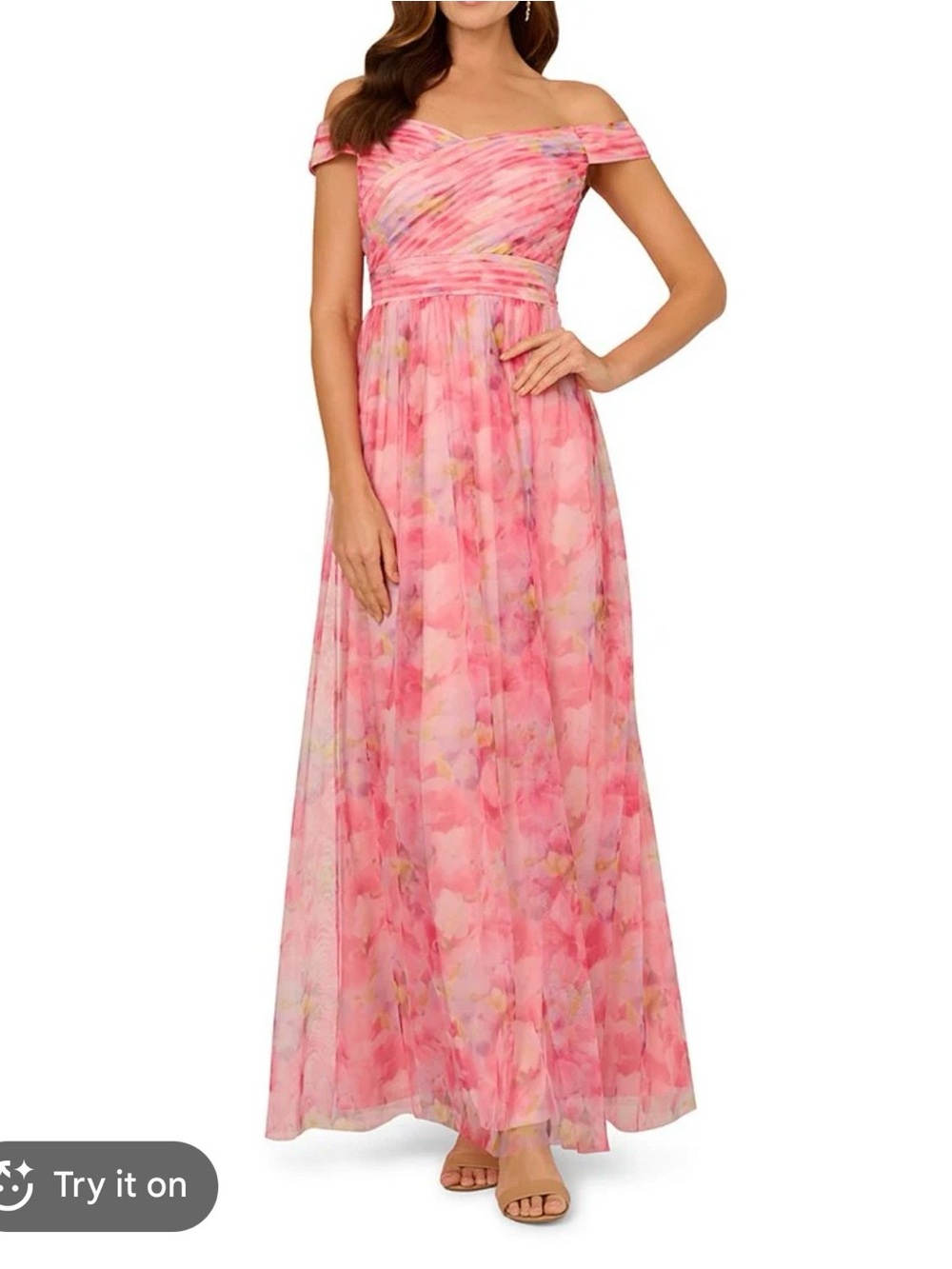 Adrianna Papell Pink Watercolor One-Shoulder Floral Gown